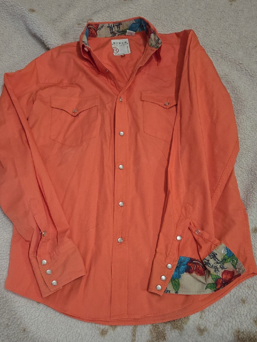Roper Mens Bright Coral Western Snap Shirt with Floral Accent